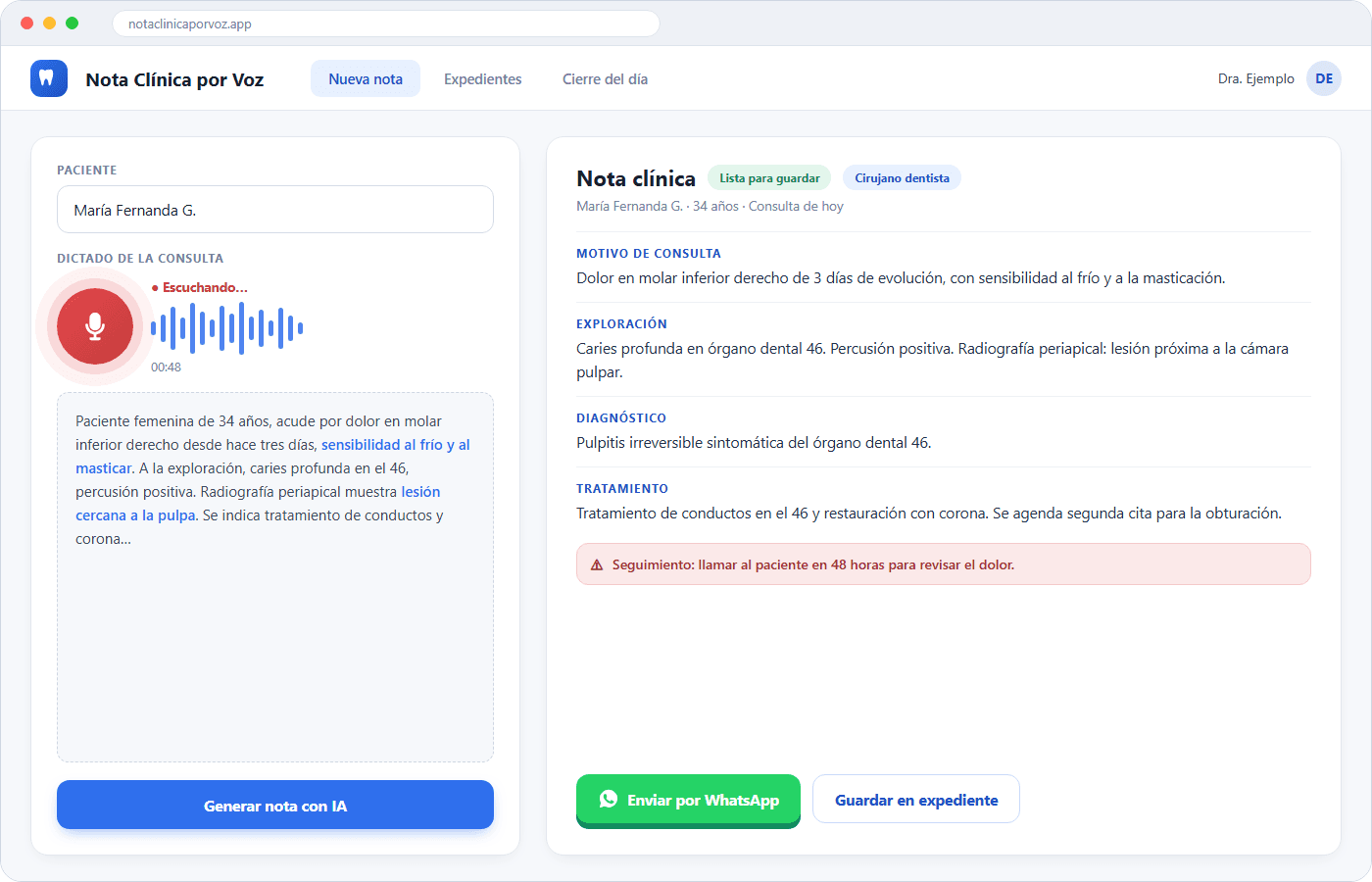Pantalla de Nota Clínica por Voz: a la izquierda el dictado de la consulta, a la derecha la nota clínica ya generada con botón para enviar por WhatsApp